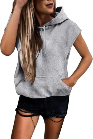 Women Oversized Drawstring Hooded Sweatshirt Sleeveless Solid Color Pullover Top Workout Athletic Hoodies with Pocket