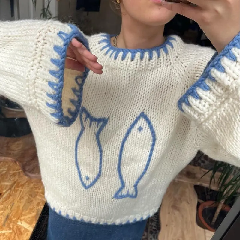 Women Y2K Graphic Sweater Top Long Sleeve Knit Print Pullover Oversized Loose Aesthetic Fall Sweatshirt