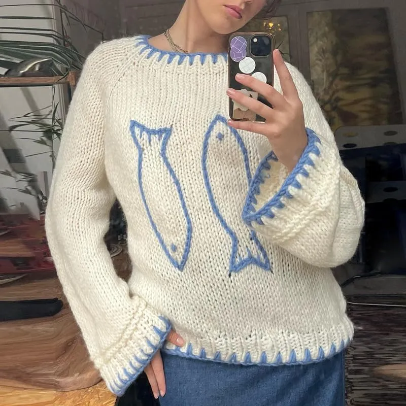 Women Y2K Graphic Sweater Top Long Sleeve Knit Print Pullover Oversized Loose Aesthetic Fall Sweatshirt