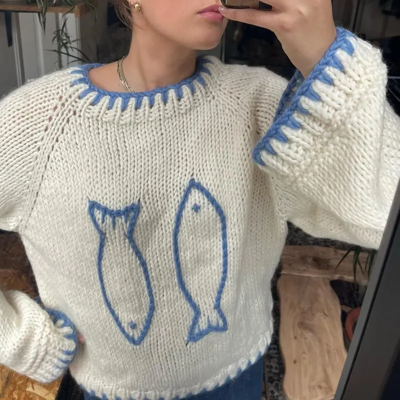 Women Y2K Graphic Sweater Top Long Sleeve Knit Print Pullover Oversized Loose Aesthetic Fall Sweatshirt