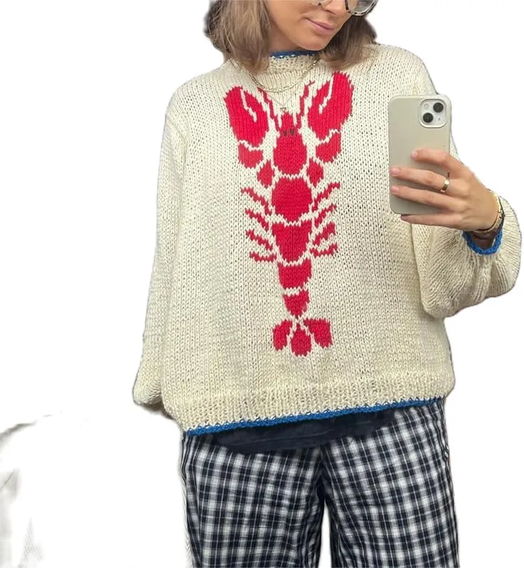Women Y2K Graphic Sweater Top Long Sleeve Knit Print Pullover Oversized Loose Aesthetic Fall Sweatshirt