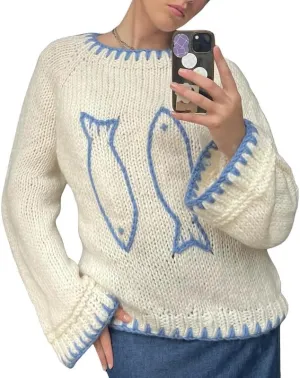 Women Y2K Graphic Sweater Top Long Sleeve Knit Print Pullover Oversized Loose Aesthetic Fall Sweatshirt