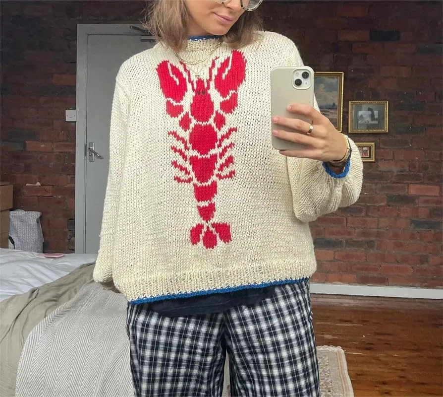 Women Y2K Graphic Sweater Top Long Sleeve Knit Print Pullover Oversized Loose Aesthetic Fall Sweatshirt