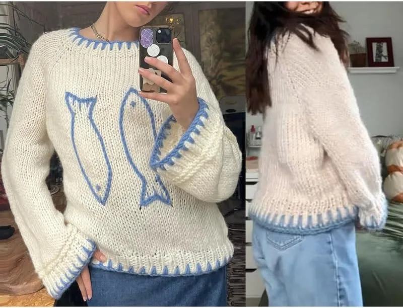 Women Y2K Graphic Sweater Top Long Sleeve Knit Print Pullover Oversized Loose Aesthetic Fall Sweatshirt