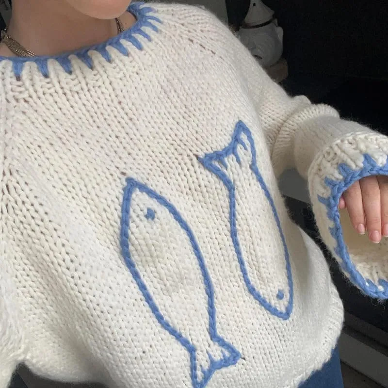 Women Y2K Graphic Sweater Top Long Sleeve Knit Print Pullover Oversized Loose Aesthetic Fall Sweatshirt
