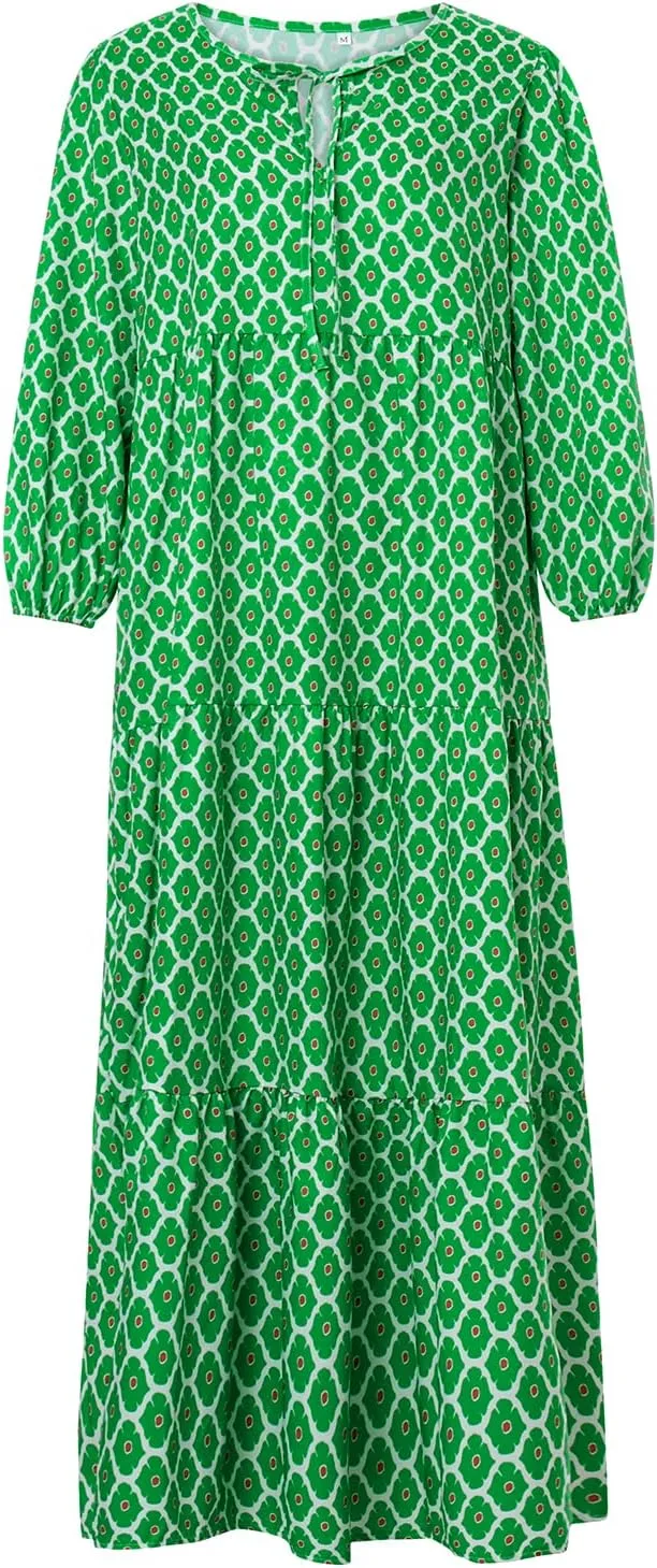 Women's Casual Loose Bohemian Maxi Dress Floral V Neck Puff Long Sleeve Tiered Long Swing Dress Summer Beach Sundress