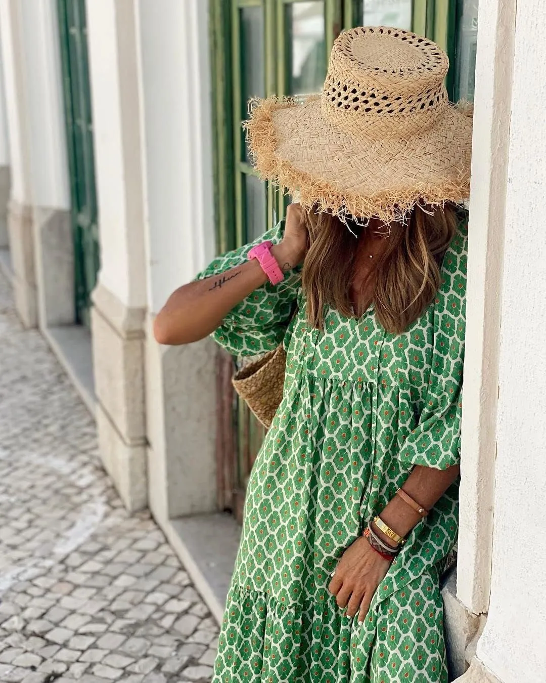 Women's Casual Loose Bohemian Maxi Dress Floral V Neck Puff Long Sleeve Tiered Long Swing Dress Summer Beach Sundress