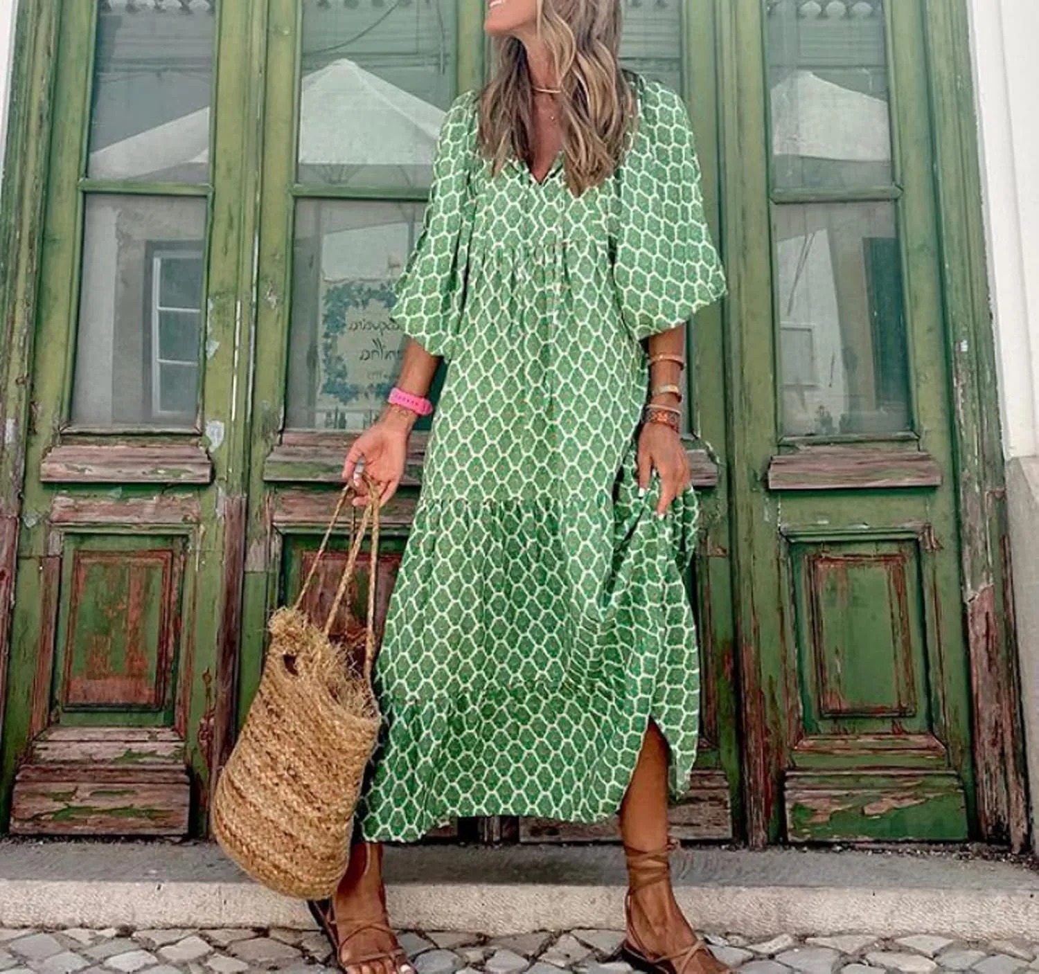 Women's Casual Loose Bohemian Maxi Dress Floral V Neck Puff Long Sleeve Tiered Long Swing Dress Summer Beach Sundress