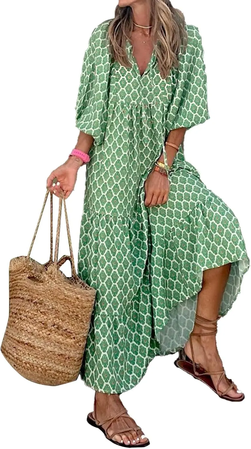 Women's Casual Loose Bohemian Maxi Dress Floral V Neck Puff Long Sleeve Tiered Long Swing Dress Summer Beach Sundress
