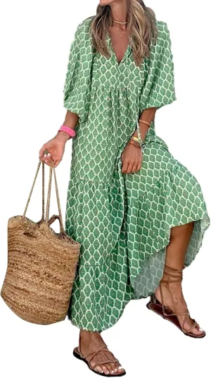 Women's Casual Loose Bohemian Maxi Dress Floral V Neck Puff Long Sleeve Tiered Long Swing Dress Summer Beach Sundress