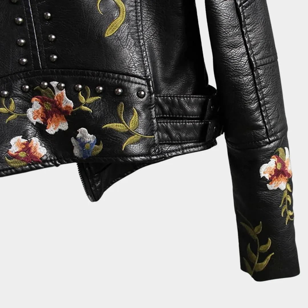 Women's Faux Leather Jacket  Floral Embroidery  PU Motorcycle Coat  Casual Outerwear  Multiple Colours