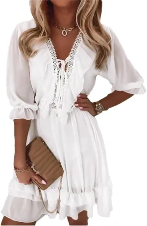Womens Half Sleeve Casual Loose Dresses Beach Mini Dress Casual Tie Up Lace V Neck Ruffle Dress