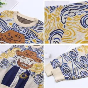 Women's Long Sleeve Crew Neck Sweatshirt Knit Pullover Casual Van Gogh Cartoon Sweater