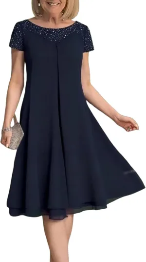 Womens Midi Dress Round Neck Short Sleeve A-line Ruffled Elegant Flowy 2025 Spring Autumn Casual Party Dress