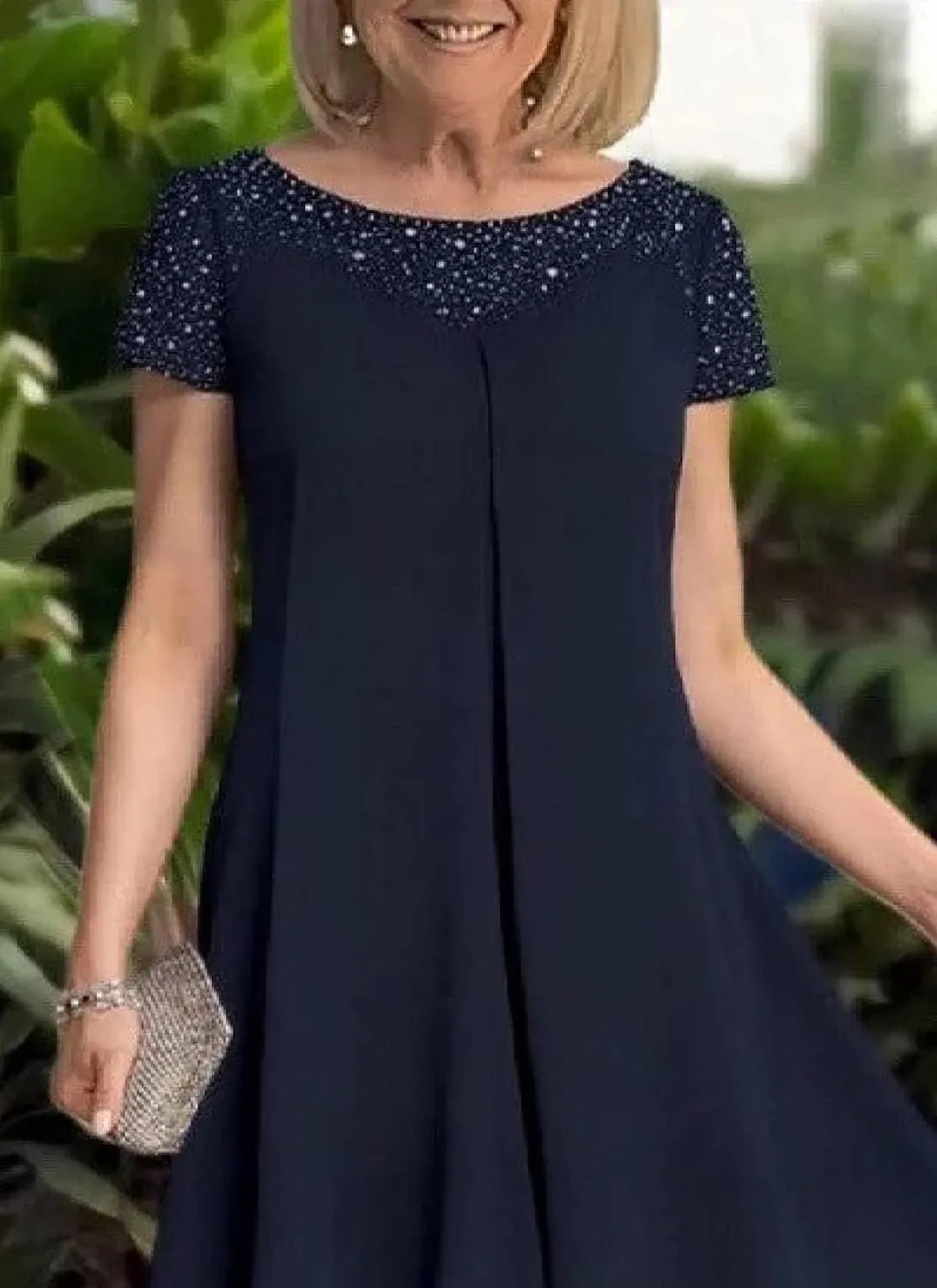 Womens Midi Dress Round Neck Short Sleeve A-line Ruffled Elegant Flowy 2025 Spring Autumn Casual Party Dress