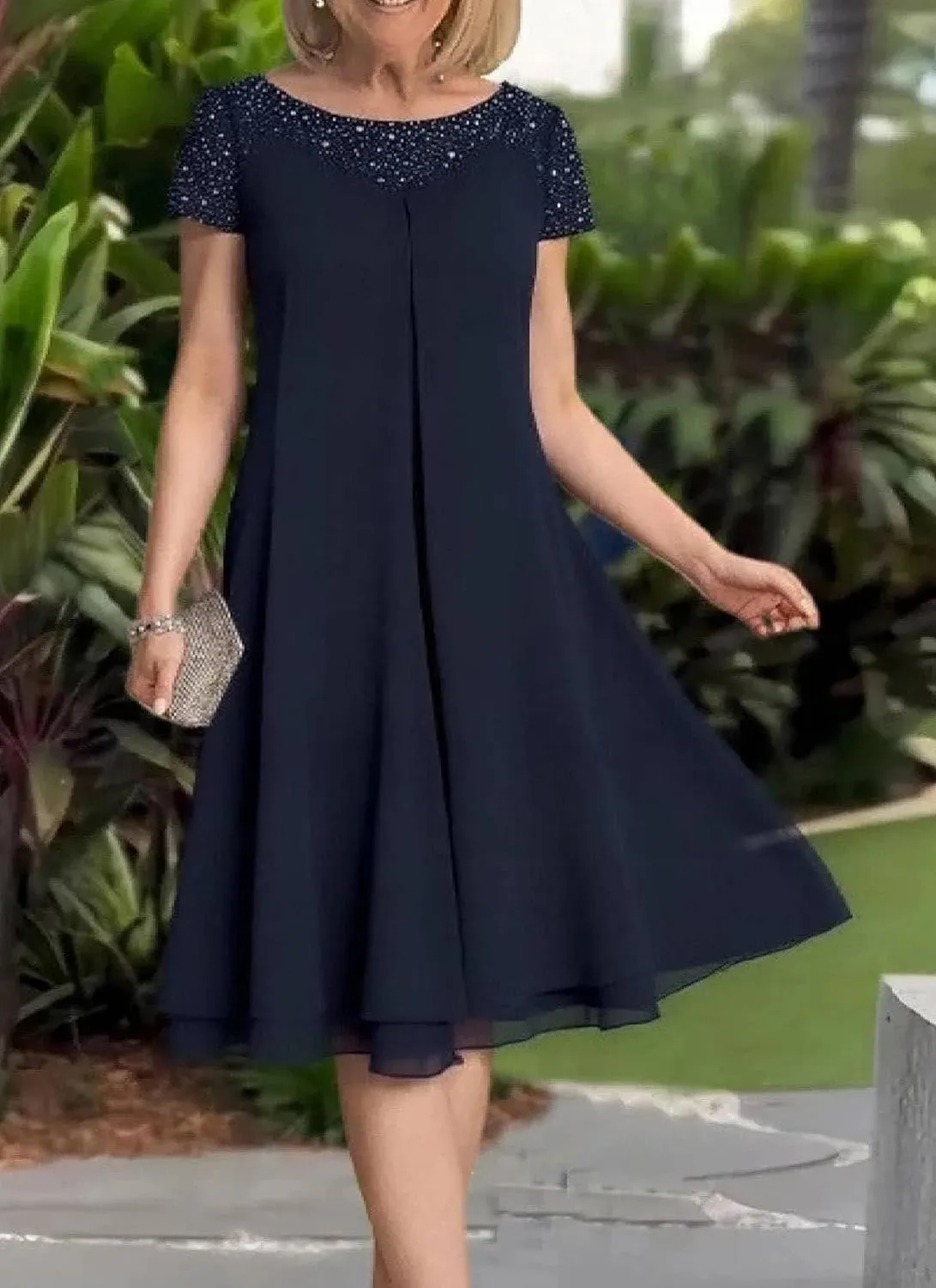 Womens Midi Dress Round Neck Short Sleeve A-line Ruffled Elegant Flowy 2025 Spring Autumn Casual Party Dress