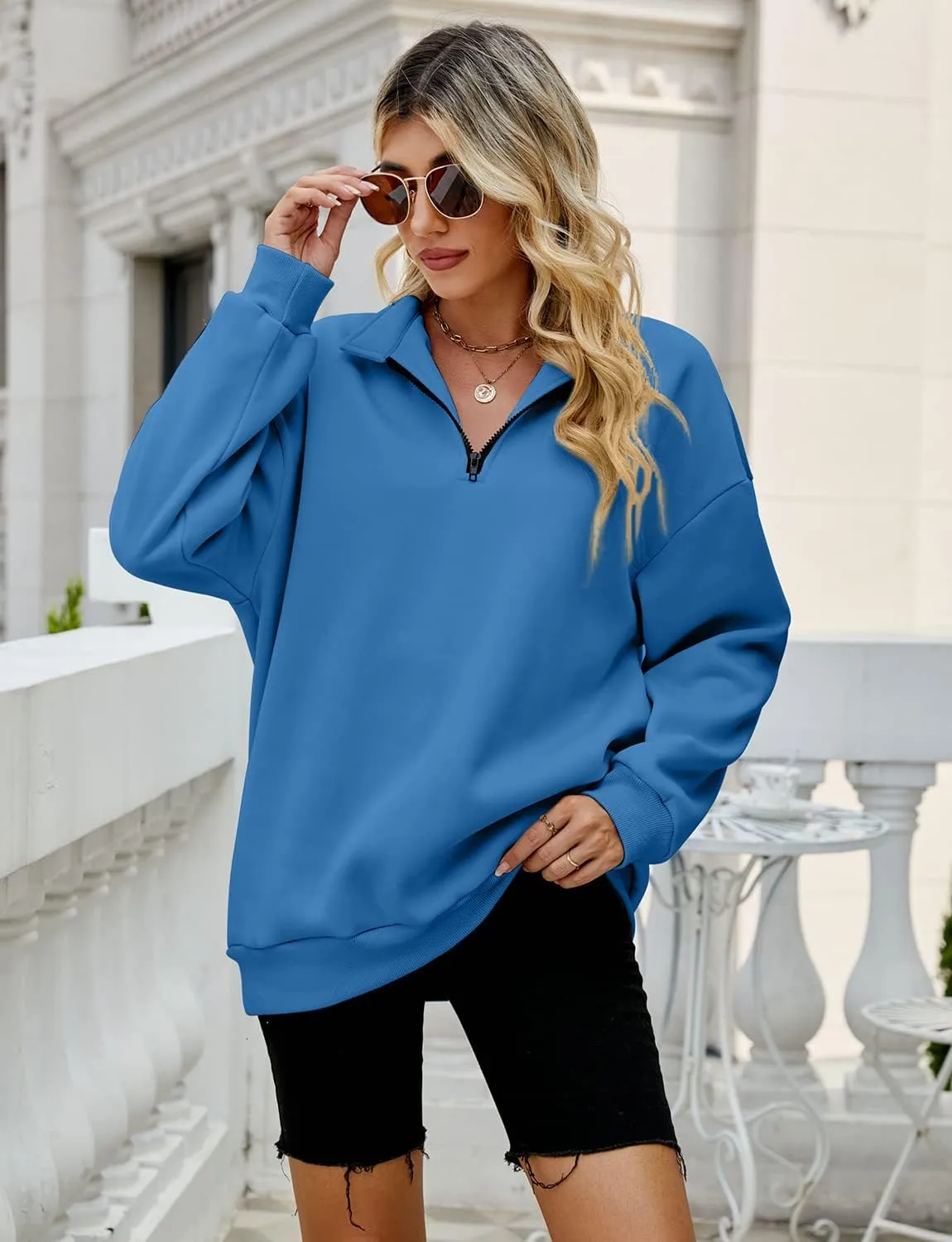 Womens Oversized Half Zip Pullover Quarter Zip Hoodie Lapel Neck Long Sleeve Sweatshirts Teen Girls Trendy Clothes