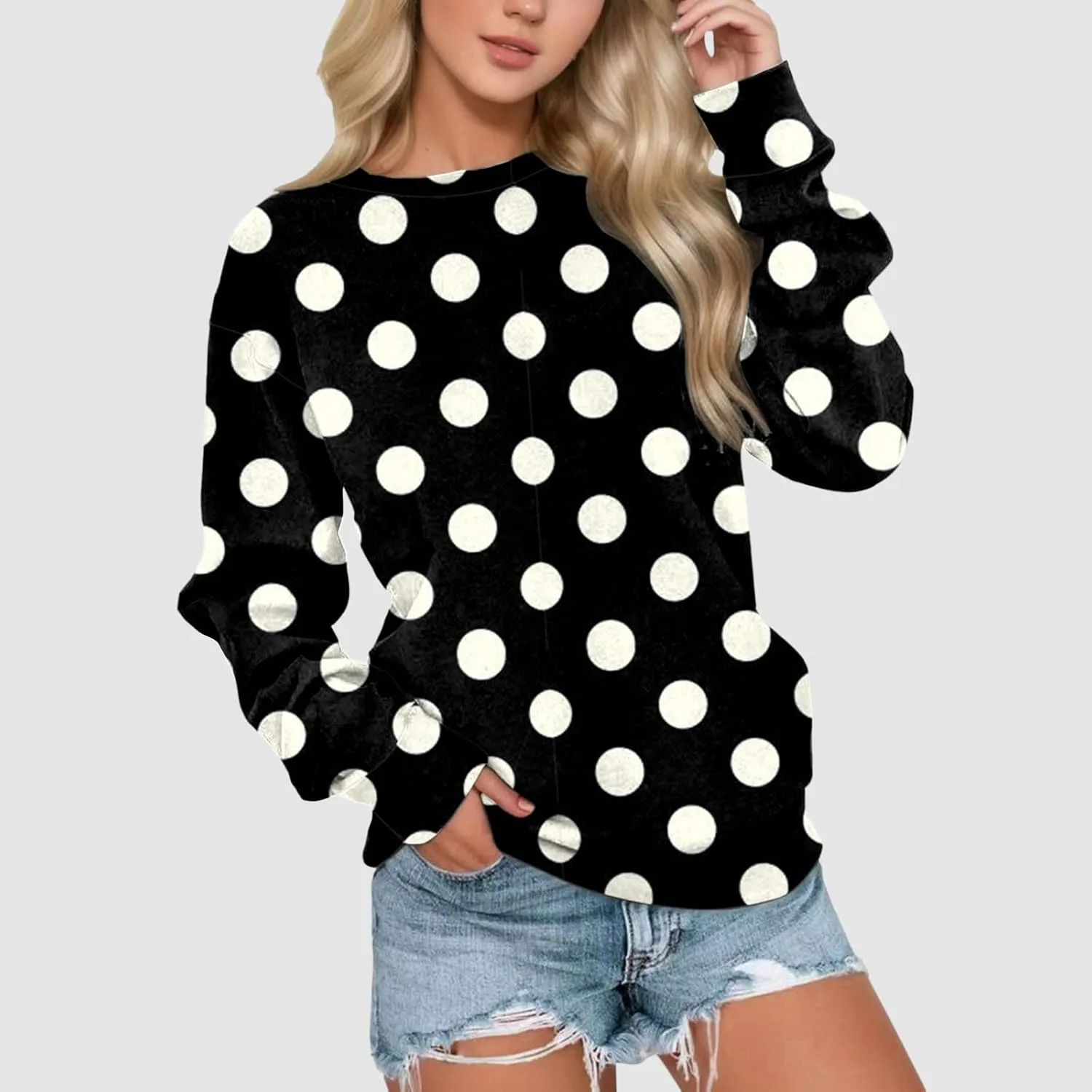 Womens Polka Dot Sweatshirt Crewneck Pullover Oversized Sweatshirts Stylish Casual Sweat Shirt Loose Fit Fall