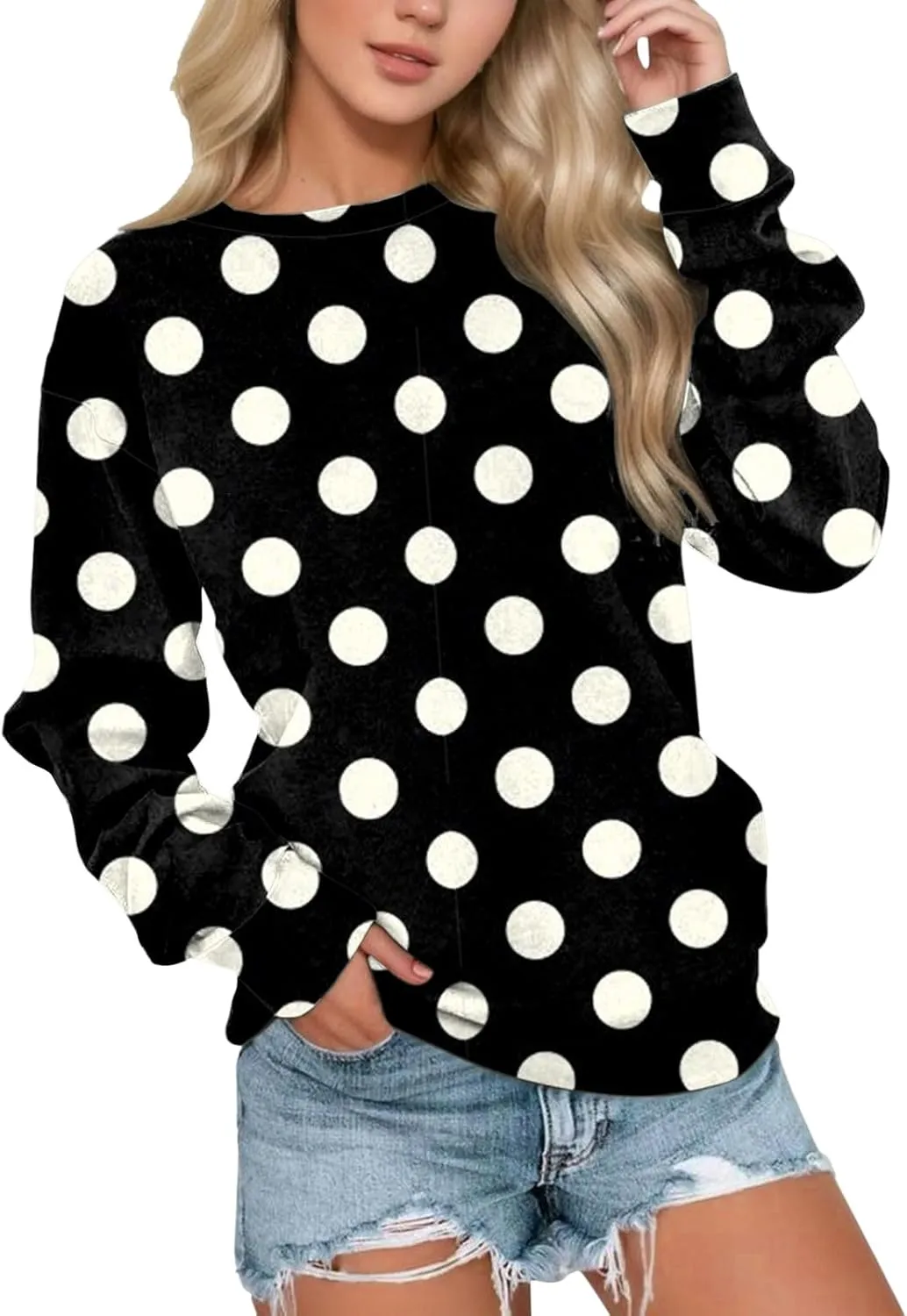 Womens Polka Dot Sweatshirt Crewneck Pullover Oversized Sweatshirts Stylish Casual Sweat Shirt Loose Fit Fall