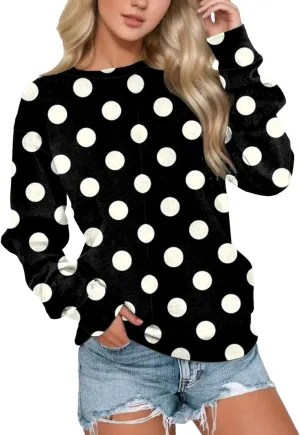 Womens Polka Dot Sweatshirt Crewneck Pullover Oversized Sweatshirts Stylish Casual Sweat Shirt Loose Fit Fall