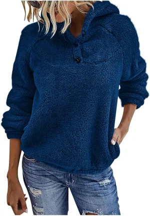 Womens Sherpa Fuzzy Pullover Hoodies Comfy Oversized Sweatshirts With Pockets Button Down Fuzzy Warm Sweaters Tops