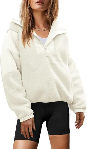 Yanekop Womens Fuzzy Fleece Hoodie Sherpa Sweatshirt Quarter Zip Pullover Long Sleeve Outerwear with Pockets