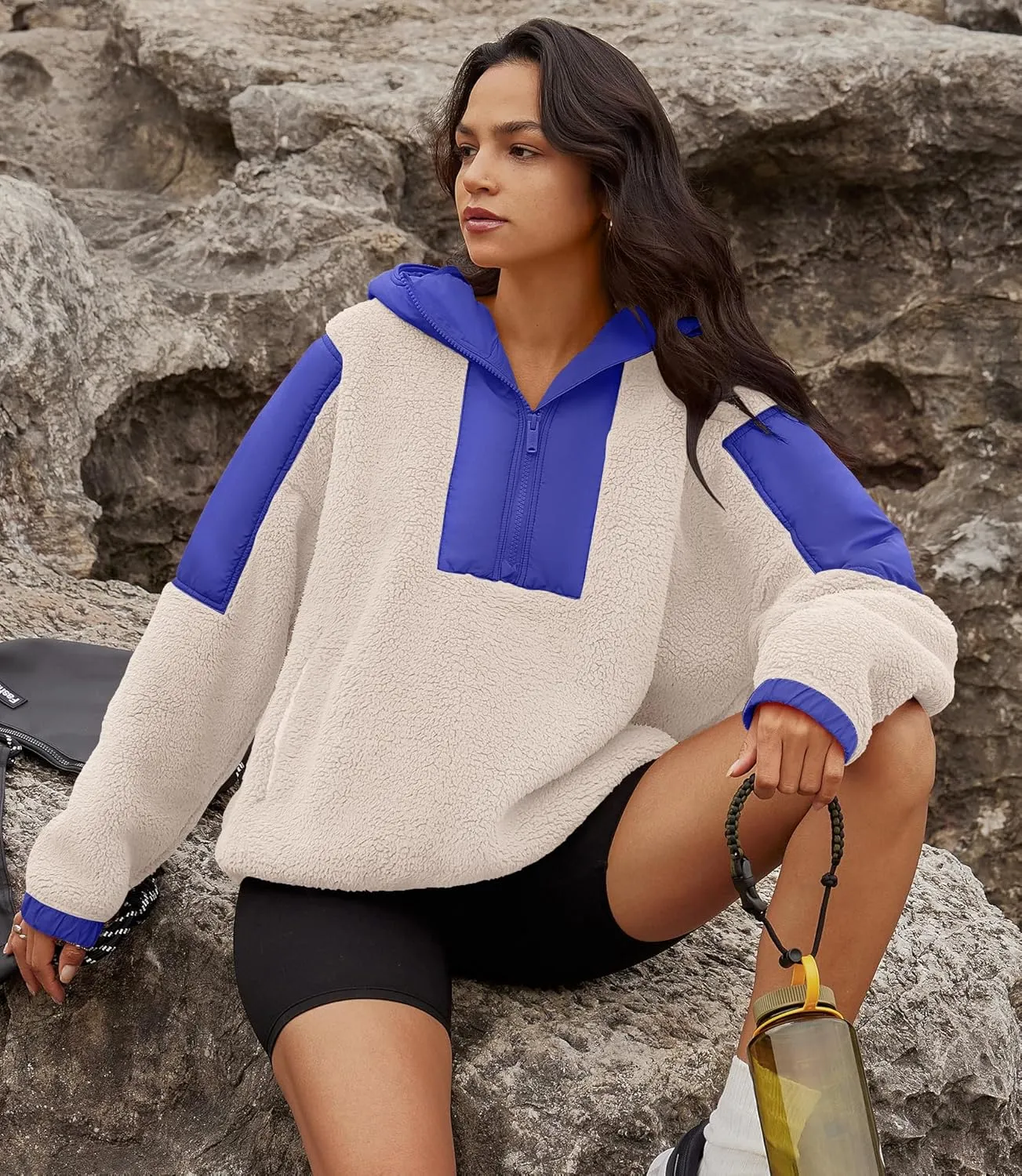 Yanekop Womens Fuzzy Fleece Hoodie Sherpa Sweatshirt Quarter Zip Pullover Long Sleeve Outerwear with Pockets