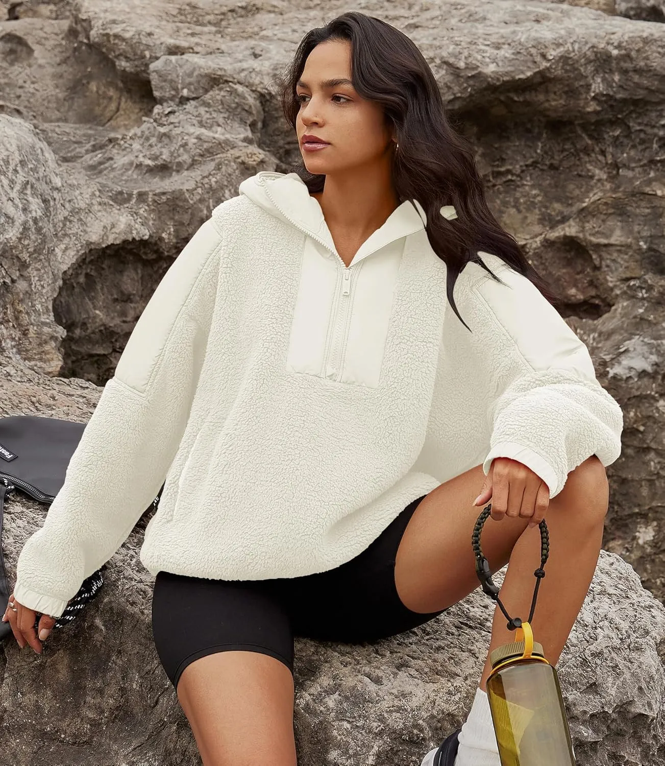 Yanekop Womens Fuzzy Fleece Hoodie Sherpa Sweatshirt Quarter Zip Pullover Long Sleeve Outerwear with Pockets