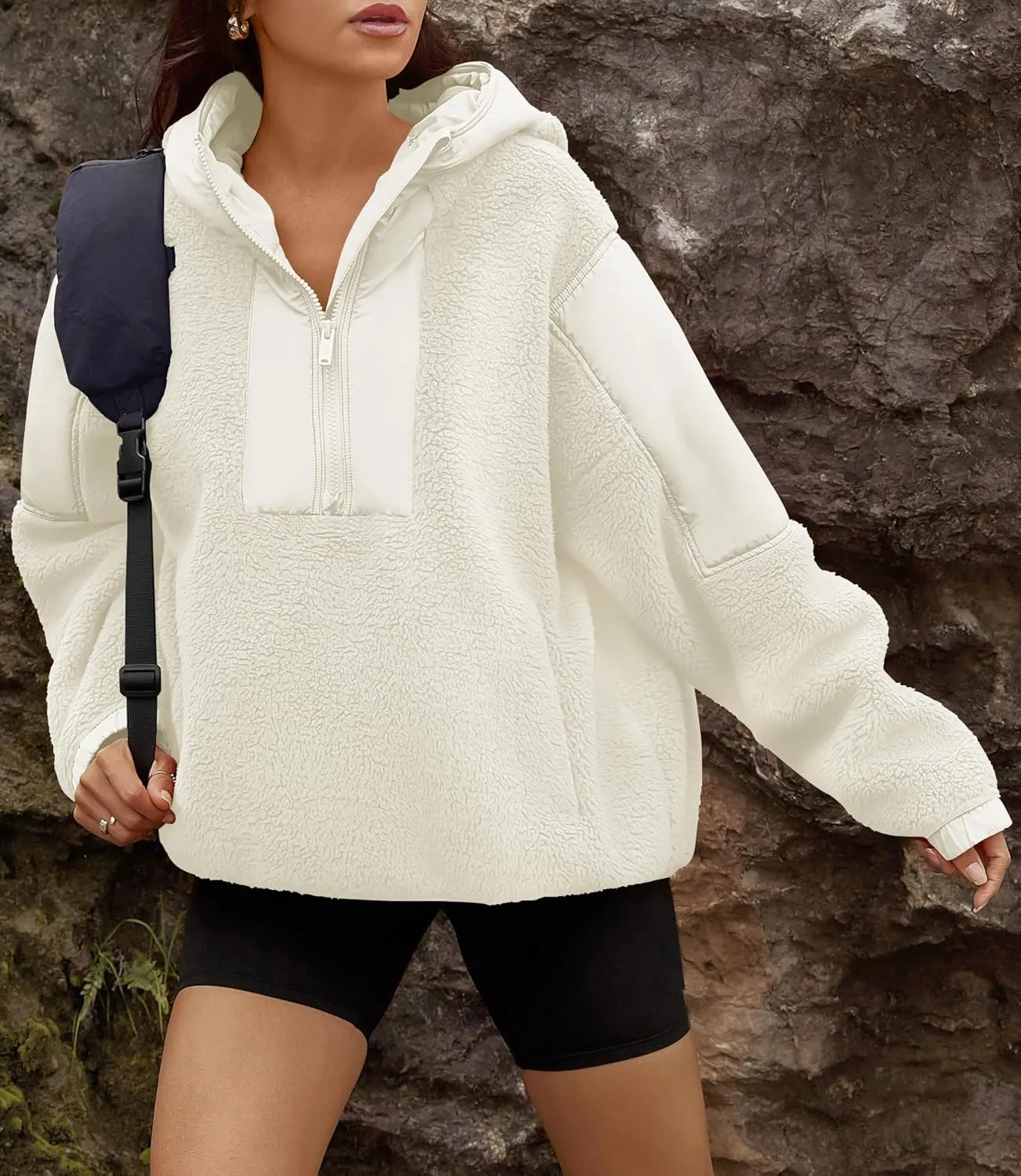 Yanekop Womens Fuzzy Fleece Hoodie Sherpa Sweatshirt Quarter Zip Pullover Long Sleeve Outerwear with Pockets