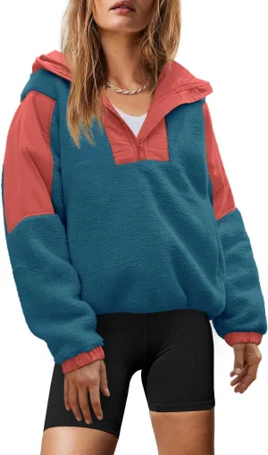 Yanekop Womens Fuzzy Fleece Hoodie Sherpa Sweatshirt Quarter Zip Pullover Long Sleeve Outerwear with Pockets