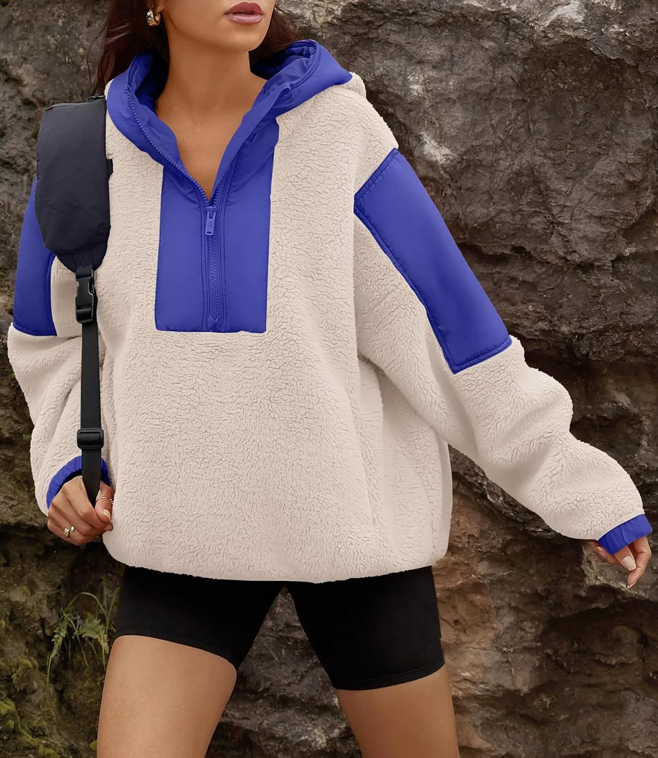 Yanekop Womens Fuzzy Fleece Hoodie Sherpa Sweatshirt Quarter Zip Pullover Long Sleeve Outerwear with Pockets