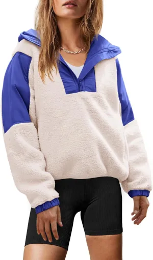 Yanekop Womens Fuzzy Fleece Hoodie Sherpa Sweatshirt Quarter Zip Pullover Long Sleeve Outerwear with Pockets