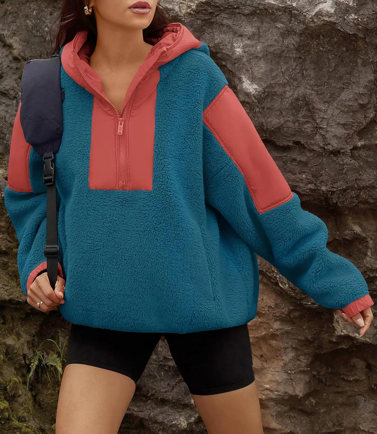 Yanekop Womens Fuzzy Fleece Hoodie Sherpa Sweatshirt Quarter Zip Pullover Long Sleeve Outerwear with Pockets
